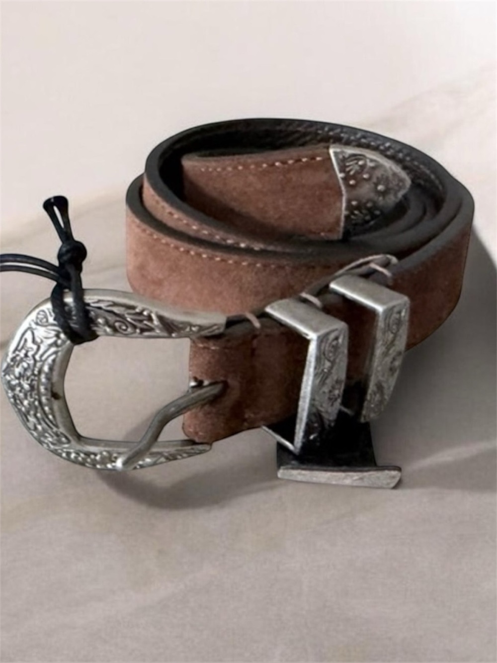 Brown suede Leather Belt with Silver Buckle. Italy. 36